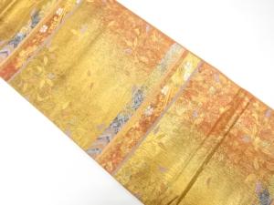 引箔　横段に唐草・鶴模様織り出し　袋帯